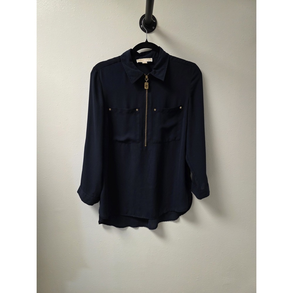 Michael‎ Kors Women's Navy Dark Blue Gold Zip Blouse Medium Designer Utility Top